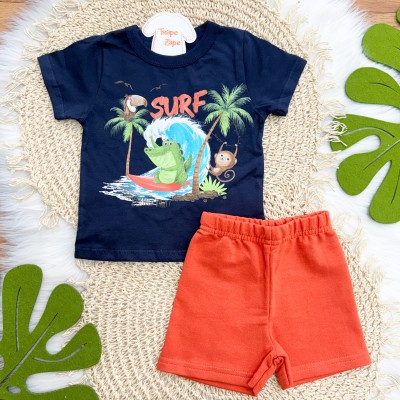 Conj. Camiseta Surf e Bermuda - Marinho e Laranja